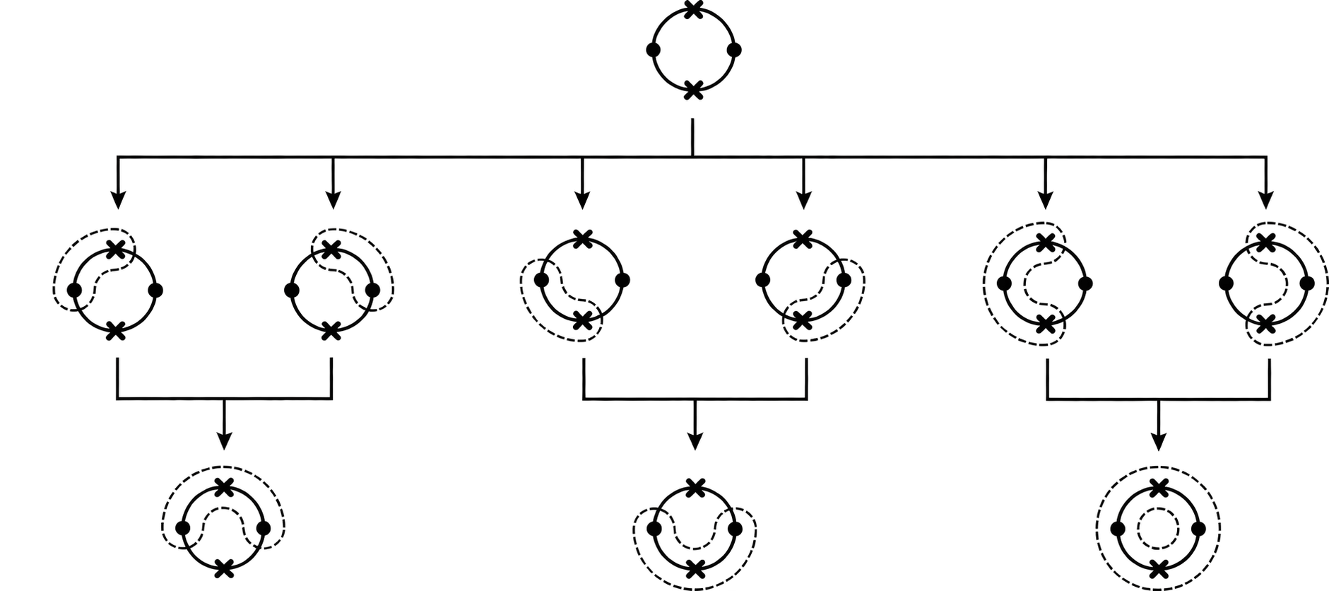 A bubble graph branching into six marked tubing graphs and three descendant graphs.